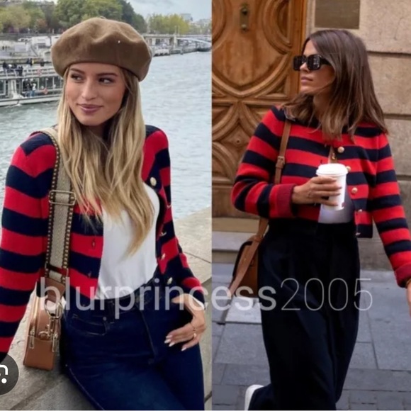 ZARA NWT STRIPED KNIT CARDIGAN RED / NAVY - Picture 5 of 10